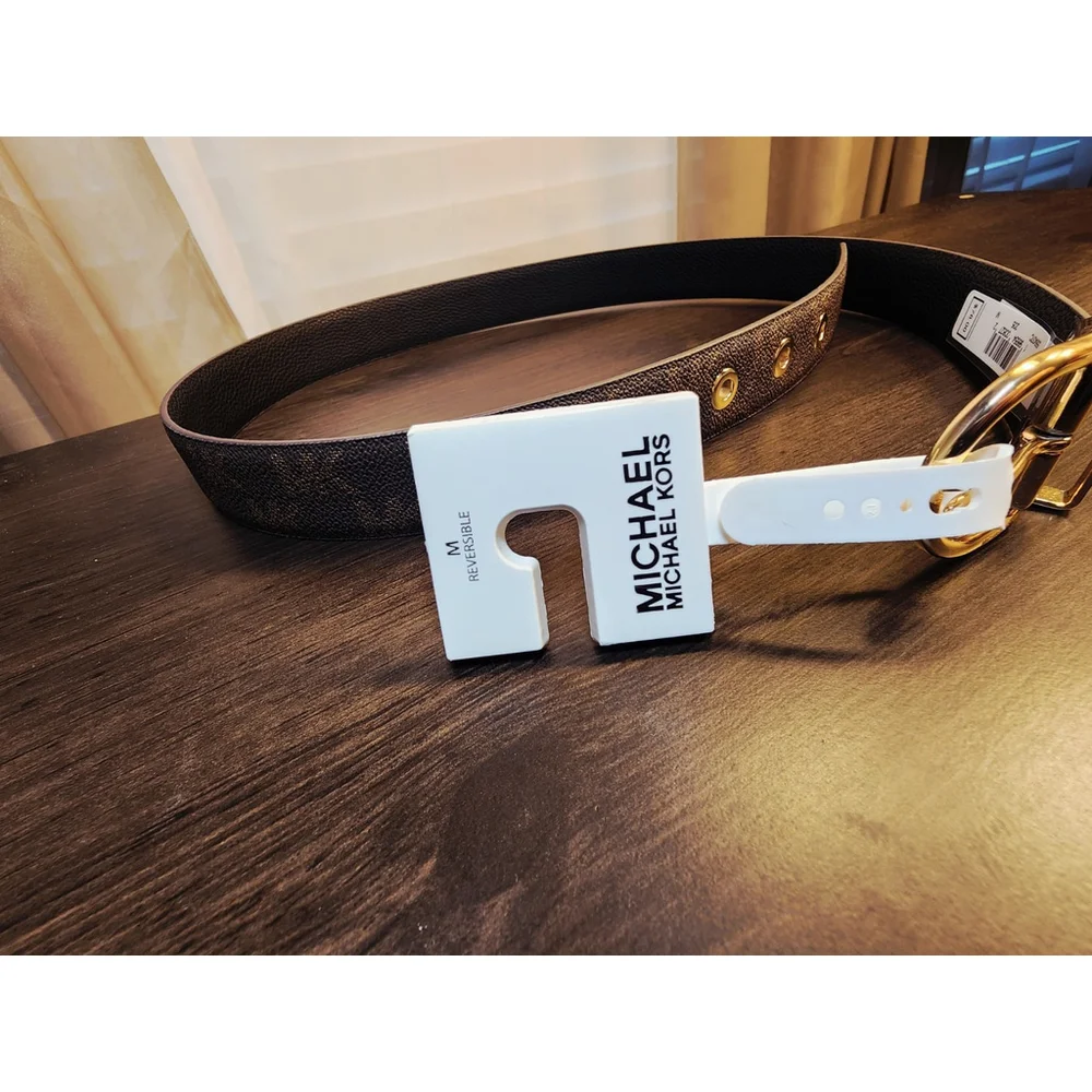 Michael Kors Women REVERSIBLE LEATHER Logo Belt SZ M MEDIUM Dark Brown & Black